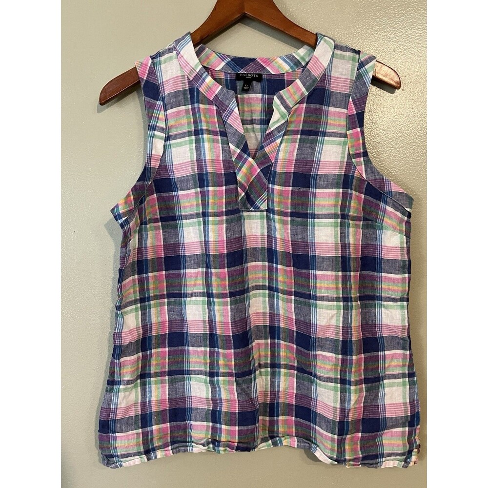 Talbots 100% Linen Plaid Multicolored Top LP